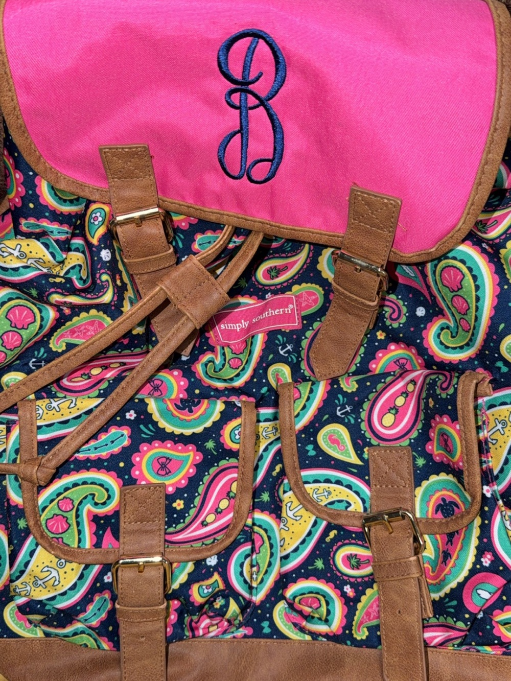 Simply Southern Hot Pink Paisley Canvas Backpack with Brown Trim